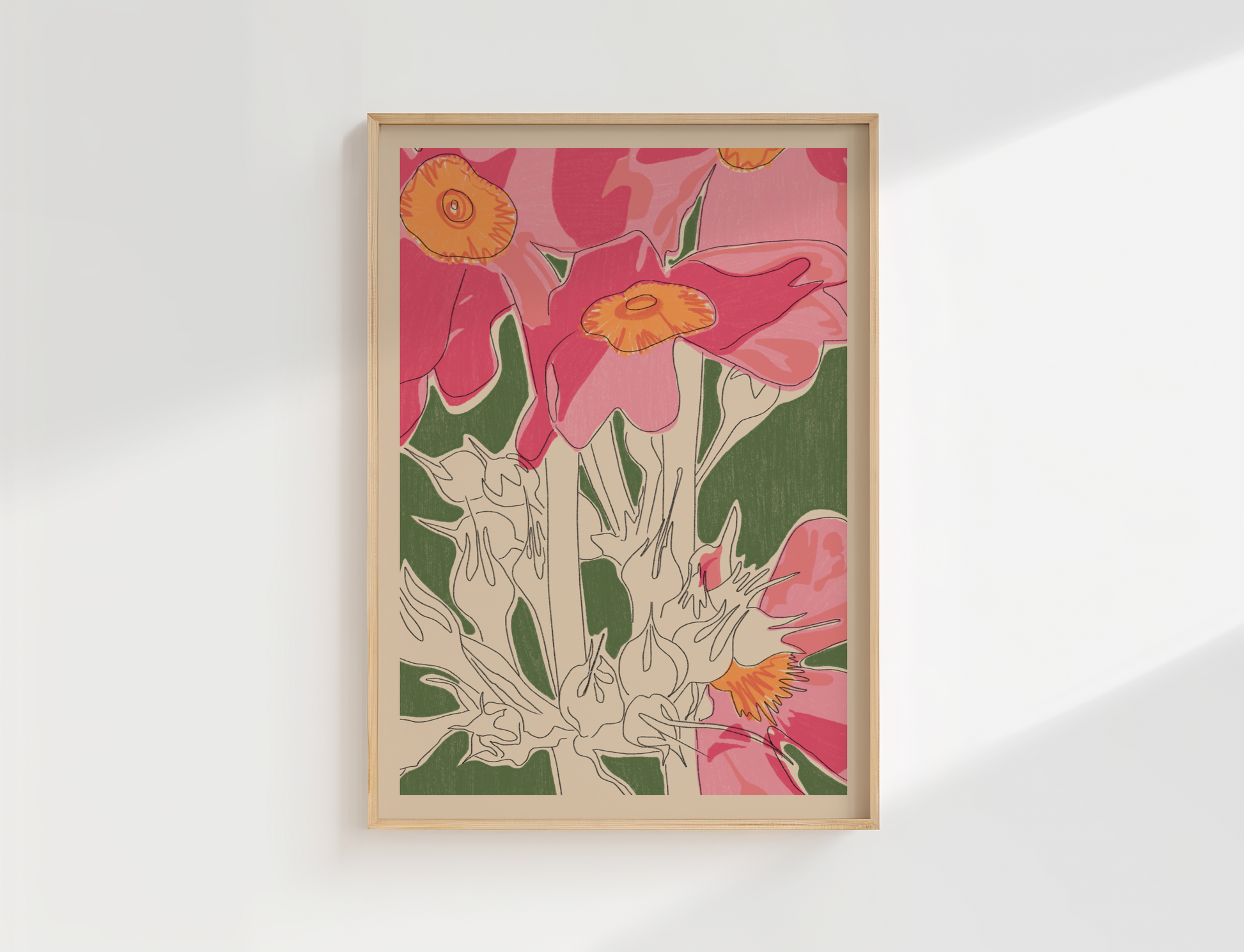 Framed floral artwork with pink and orange flowers on a white wall
